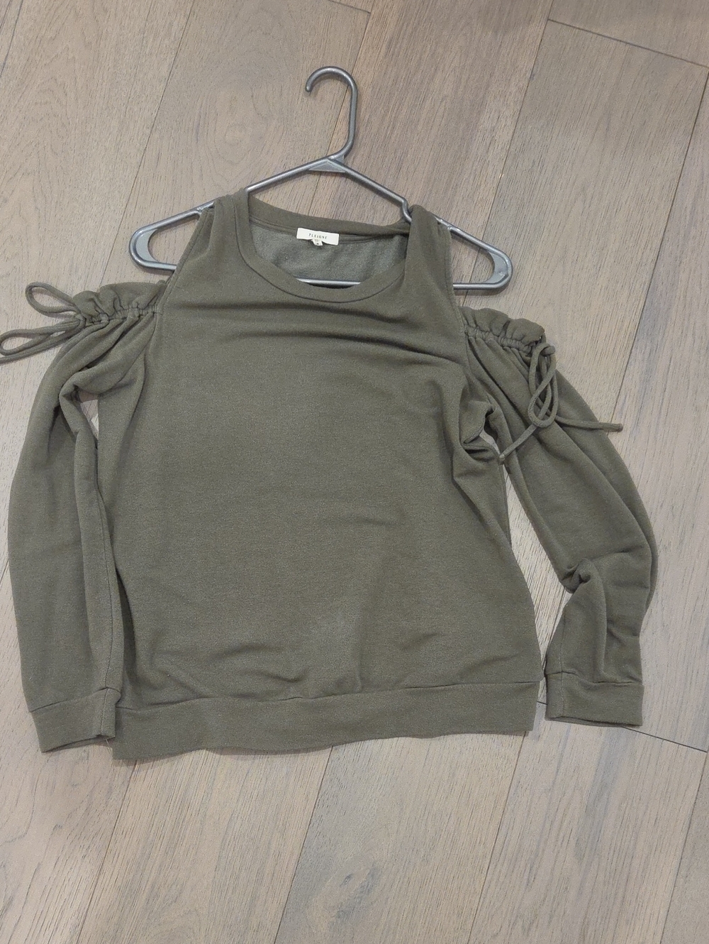 Pleione Olive Cold-Shoulder Sweatshirt with Tie Details